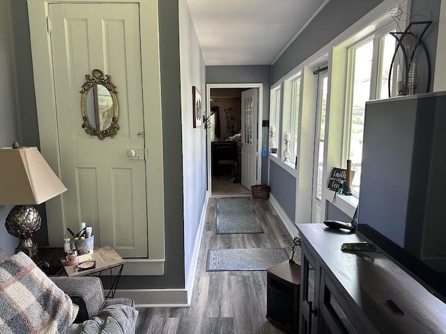 interior space with dark wood-style flooring and baseboards