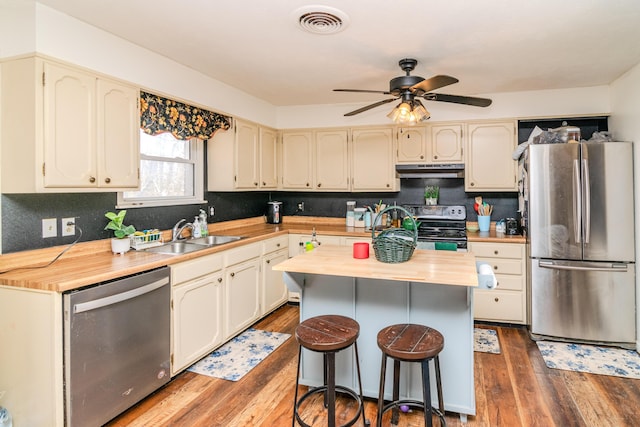 kitchen with a sink, under cabinet range hood, wood counters, appliances with stainless steel finishes, and backsplash