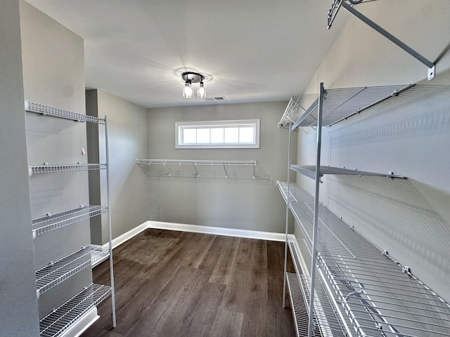 spacious closet with dark hardwood / wood-style flooring