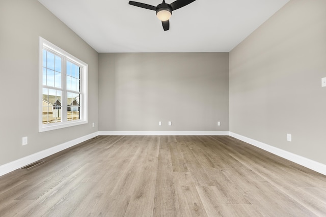 empty room featuring ceiling fan, light wood finished floors, visible vents, and baseboards