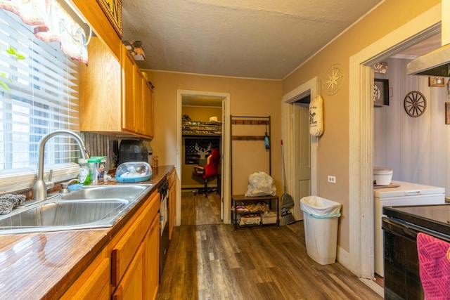 kitchen featuring sink, dishwasher, dark hardwood / wood-style floors, extractor fan, and a textured ceiling