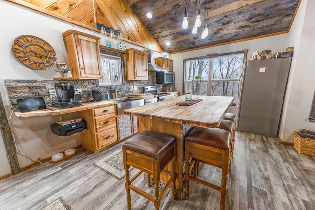 kitchen with vaulted ceiling, a sink, wooden counters, wood ceiling, and stainless steel appliances