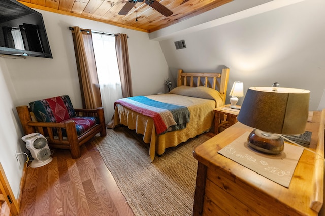 bedroom featuring wood finished floors, visible vents, a ceiling fan, and wood ceiling
