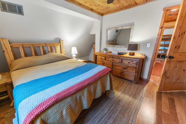 bedroom with hardwood / wood-style flooring and wooden ceiling