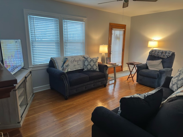 living room with ceiling fan and light hardwood / wood-style floors