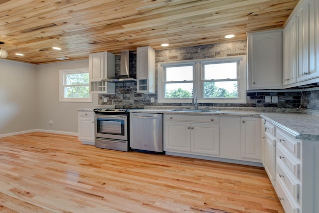 kitchen featuring appliances with stainless steel finishes, sink, wall chimney range hood, and wood ceiling