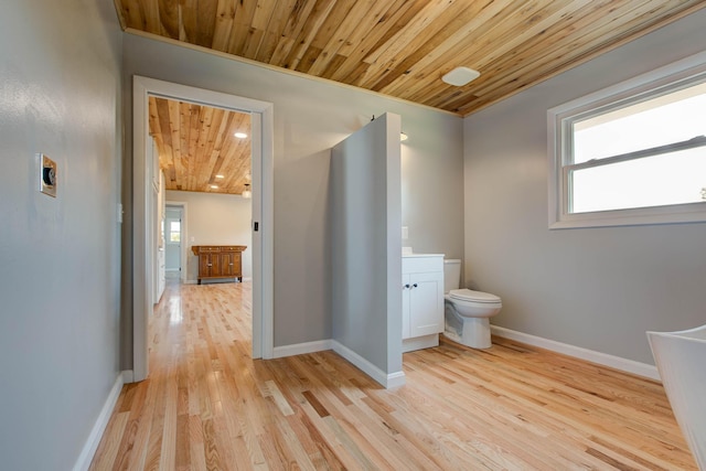 bathroom featuring plenty of natural light, toilet, wood-type flooring, and wooden ceiling