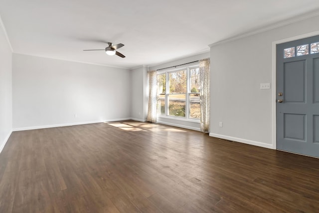 interior space featuring crown molding, dark hardwood / wood-style floors, and ceiling fan