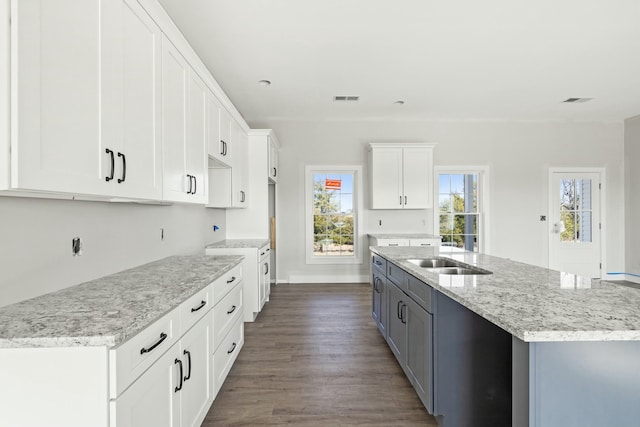 kitchen featuring dark hardwood / wood-style floors, gray cabinets, a center island with sink, and white cabinets