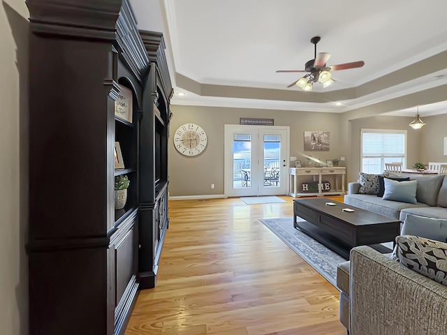 living room featuring a tray ceiling, light hardwood / wood-style floors, and a healthy amount of sunlight