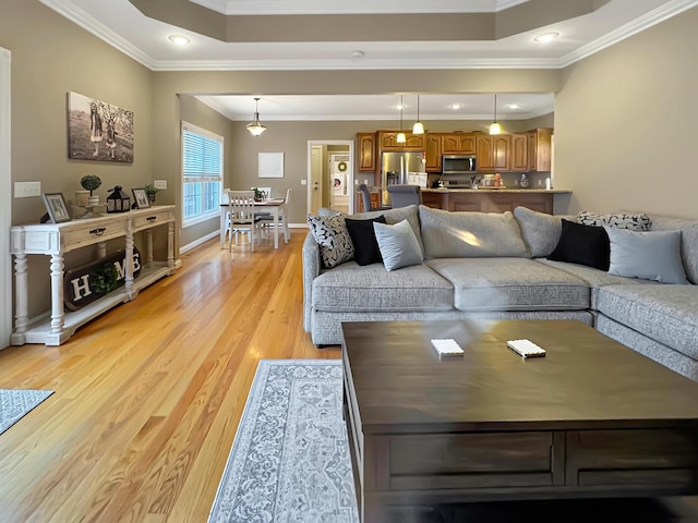 living room featuring ornamental molding and light hardwood / wood-style floors