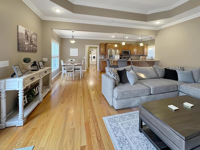 living room with a raised ceiling, ornamental molding, plenty of natural light, and light hardwood / wood-style floors