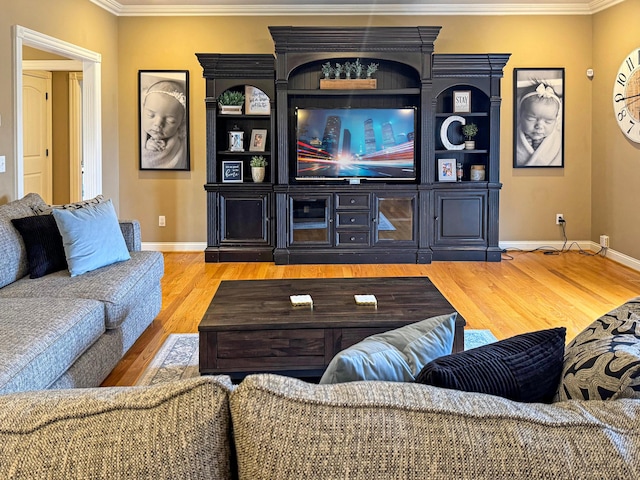 living room with crown molding and hardwood / wood-style floors