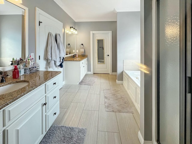 bathroom with ornamental molding, vanity, and a bathing tub