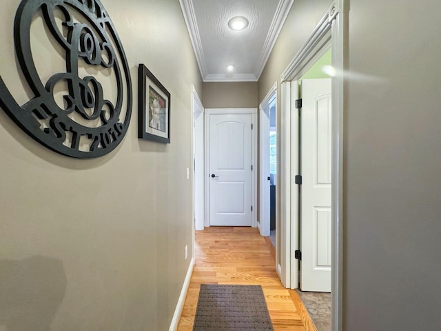 hallway with crown molding and light hardwood / wood-style floors