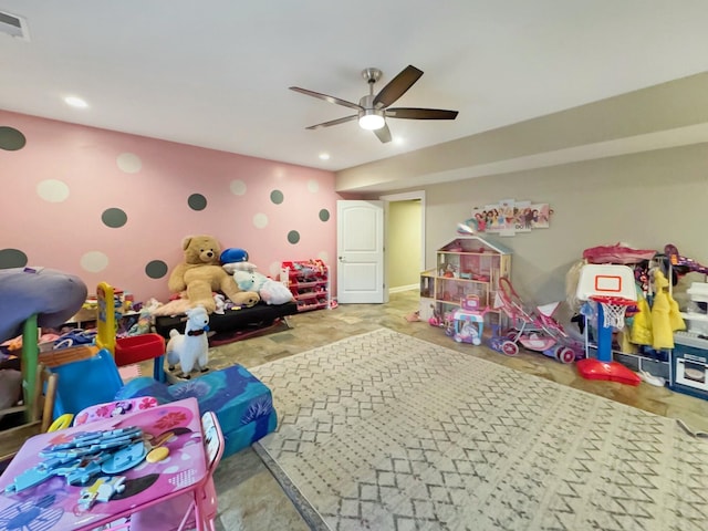 playroom featuring ceiling fan