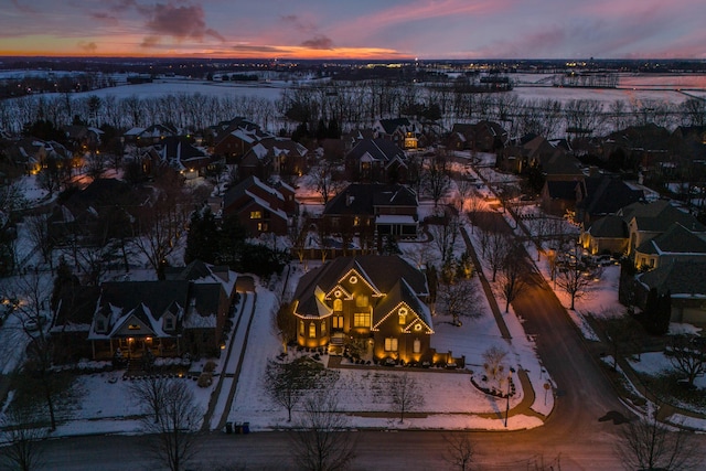 view of aerial view at dusk