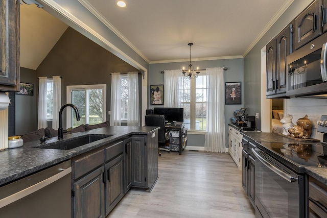 kitchen with ornamental molding, appliances with stainless steel finishes, sink, and dark brown cabinets