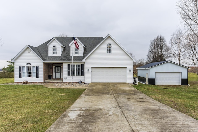 cape cod home with a garage and a front lawn