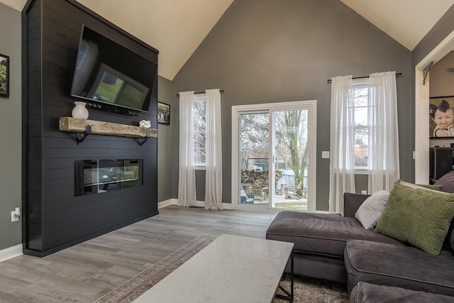 living room featuring high vaulted ceiling, a fireplace, and light hardwood / wood-style floors