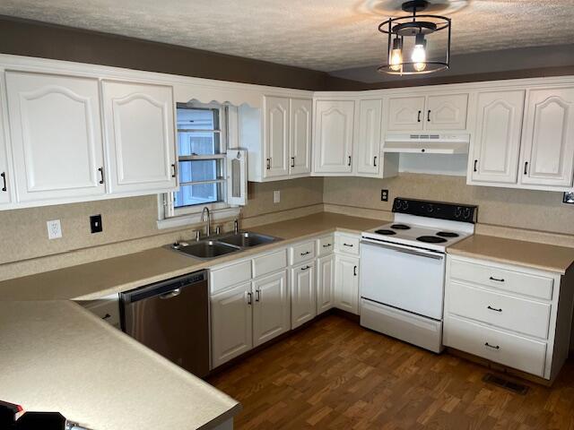 kitchen with dark hardwood / wood-style floors, white electric stove, dishwasher, sink, and white cabinets