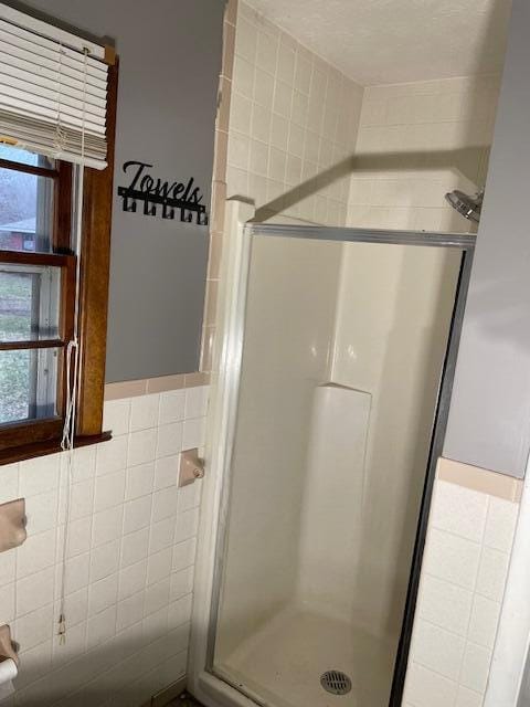 bathroom featuring tile walls and walk in shower