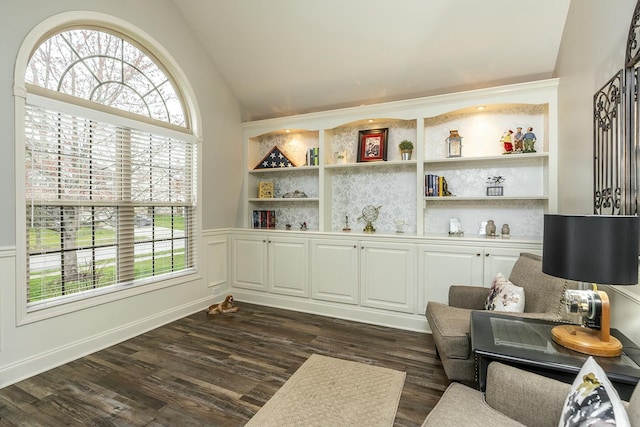 sitting room featuring vaulted ceiling, built in shelves, dark wood finished floors, and a wealth of natural light