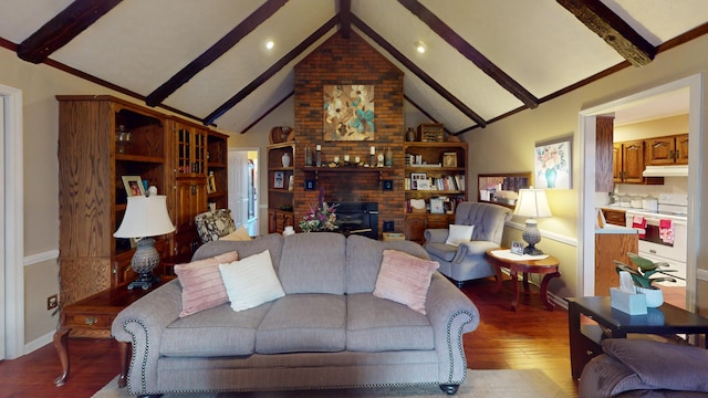 living area with high vaulted ceiling, a brick fireplace, beam ceiling, and wood finished floors