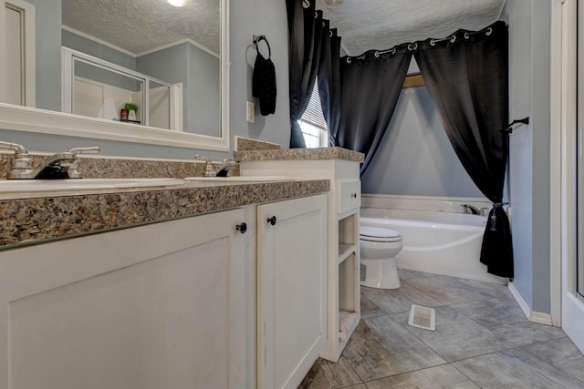 full bathroom with vanity, plus walk in shower, a textured ceiling, and toilet