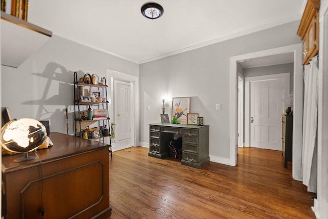 office space with crown molding and dark wood-type flooring