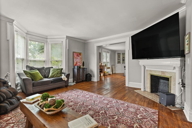 living room with dark hardwood / wood-style flooring, ornamental molding, and a high end fireplace