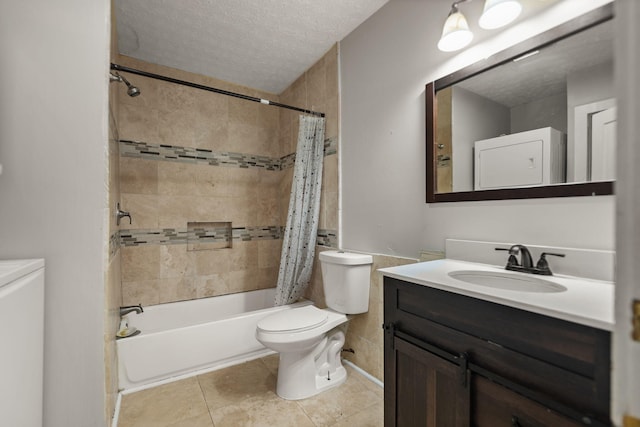 full bathroom featuring toilet, a textured ceiling, vanity, shower / bathtub combination with curtain, and tile patterned flooring