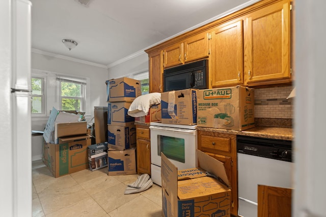 kitchen with dishwasher, electric range, ornamental molding, light tile patterned flooring, and decorative backsplash