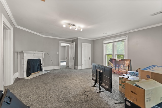 carpeted office space with crown molding