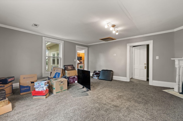 interior space with crown molding and carpet