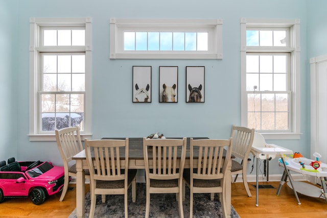 dining room with a healthy amount of sunlight, baseboards, and wood finished floors