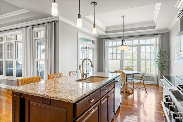 kitchen featuring a raised ceiling, dishwasher, sink, and a center island with sink