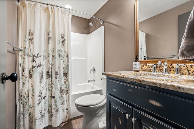 full bathroom with vanity, wood-type flooring, toilet, and shower / tub combo with curtain