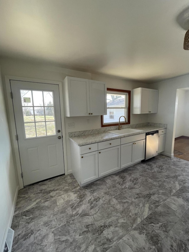 kitchen featuring white cabinetry, stainless steel dishwasher, and sink