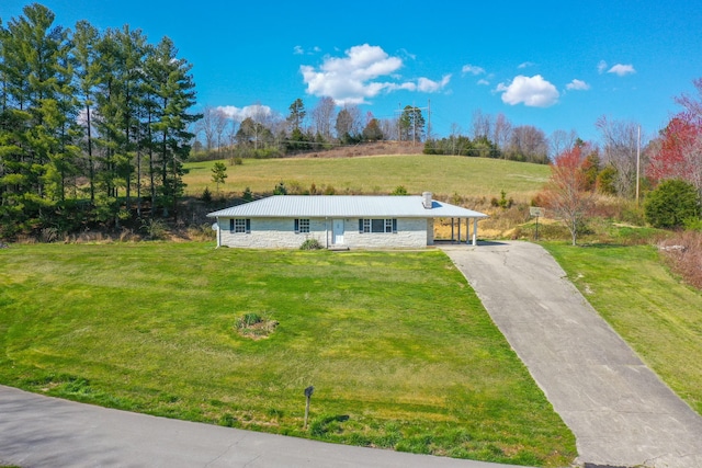 ranch-style house featuring a carport and a front lawn