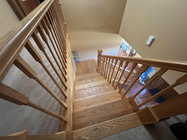 staircase with hardwood / wood-style flooring