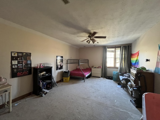 carpeted bedroom with ceiling fan, lofted ceiling, and a textured ceiling