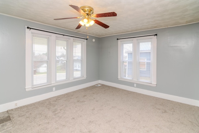 carpeted empty room featuring crown molding, a textured ceiling, and ceiling fan