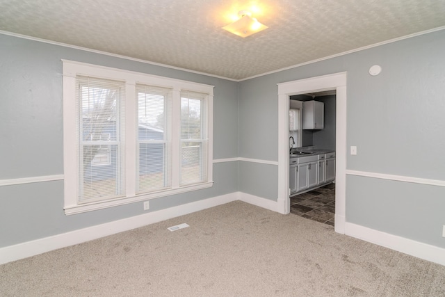 unfurnished room featuring ornamental molding, sink, a textured ceiling, and dark carpet