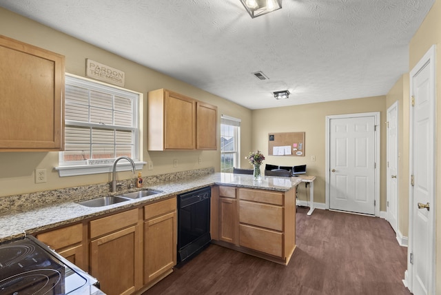 kitchen featuring sink, dark hardwood / wood-style floors, dishwasher, kitchen peninsula, and electric stove