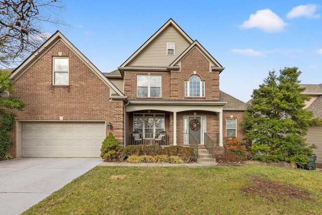 traditional home with driveway, brick siding, an attached garage, and a front yard