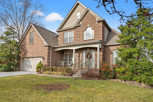 traditional-style home featuring brick siding, a shingled roof, concrete driveway, a front yard, and a garage