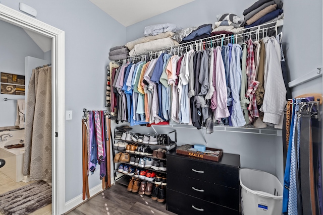 walk in closet with wood finished floors