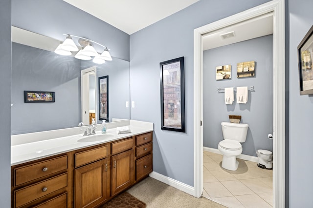 bathroom with tile patterned flooring, toilet, vanity, visible vents, and baseboards