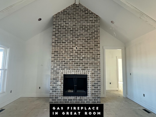 unfurnished living room featuring visible vents, baseboards, high vaulted ceiling, and a brick fireplace